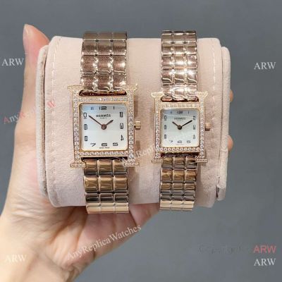 Replica Hermes Heure H Quartz Watch Sapphire Rose Gold with Diamonds